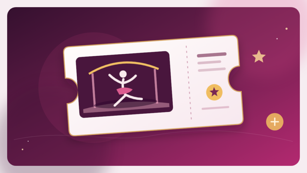 Biglietto illustrato per uno spettacolo di danza con palcoscenico e una ballerina.